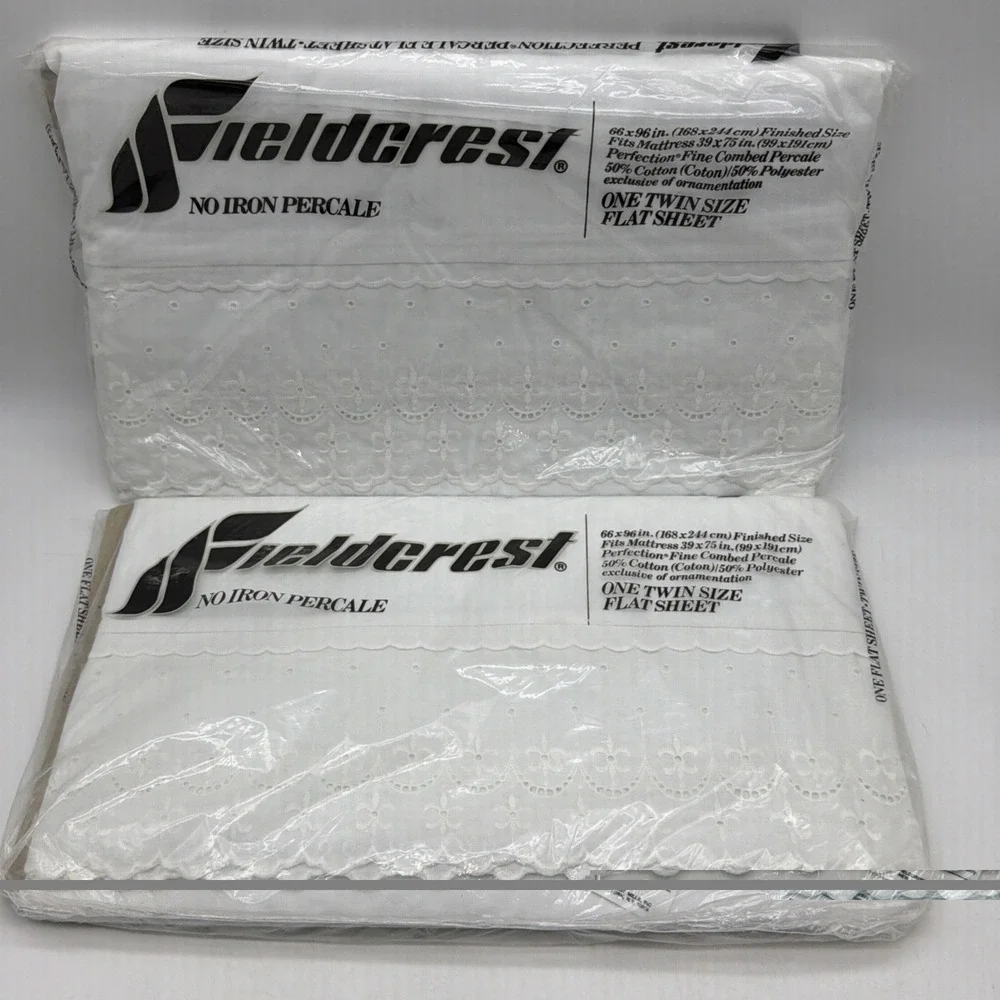 2- Fieldcrest no-iron percale white twin-size flat bed sheet eyelet trim lace